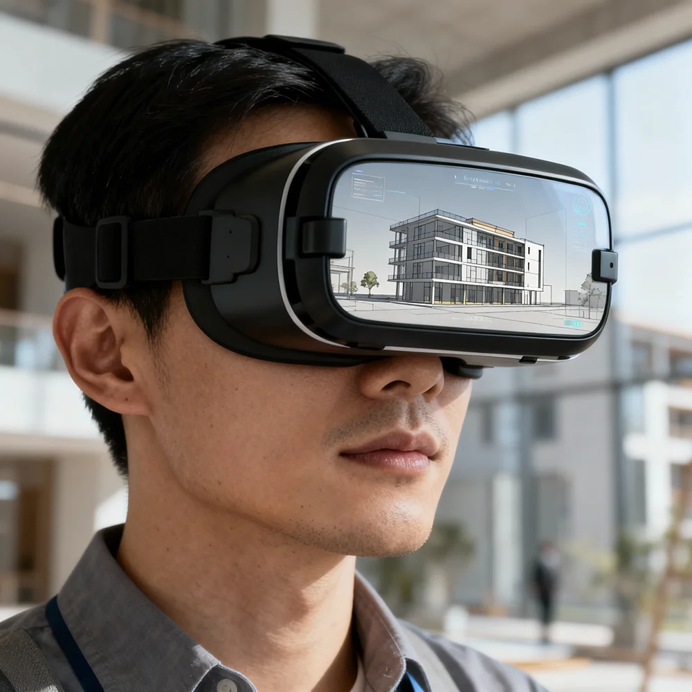 Architect using VR headset for 3D architectural visualization and walkthroughs