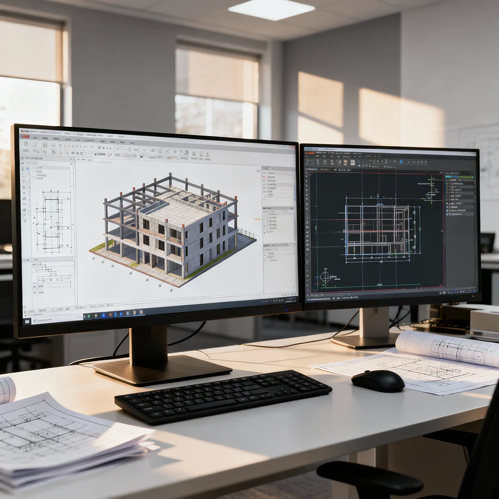 BIM software and 3D building modeling on engineering workstation computers