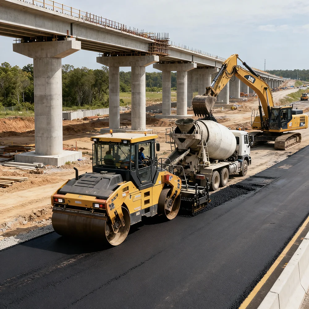 Civil engineering infrastructure project with road construction and heavy machinery