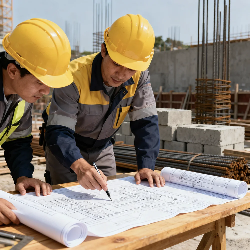 Construction supervision with engineers reviewing blueprints on construction site