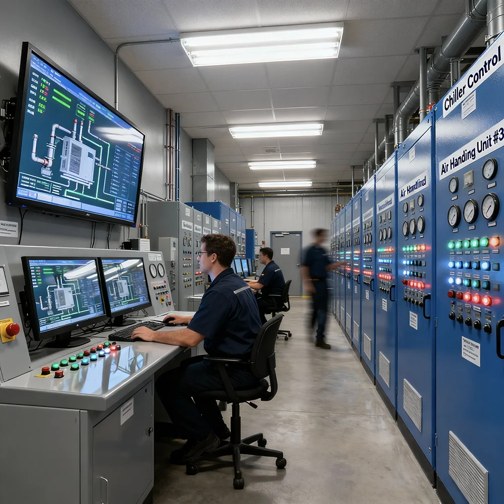 Facility management operations and building maintenance systems control room