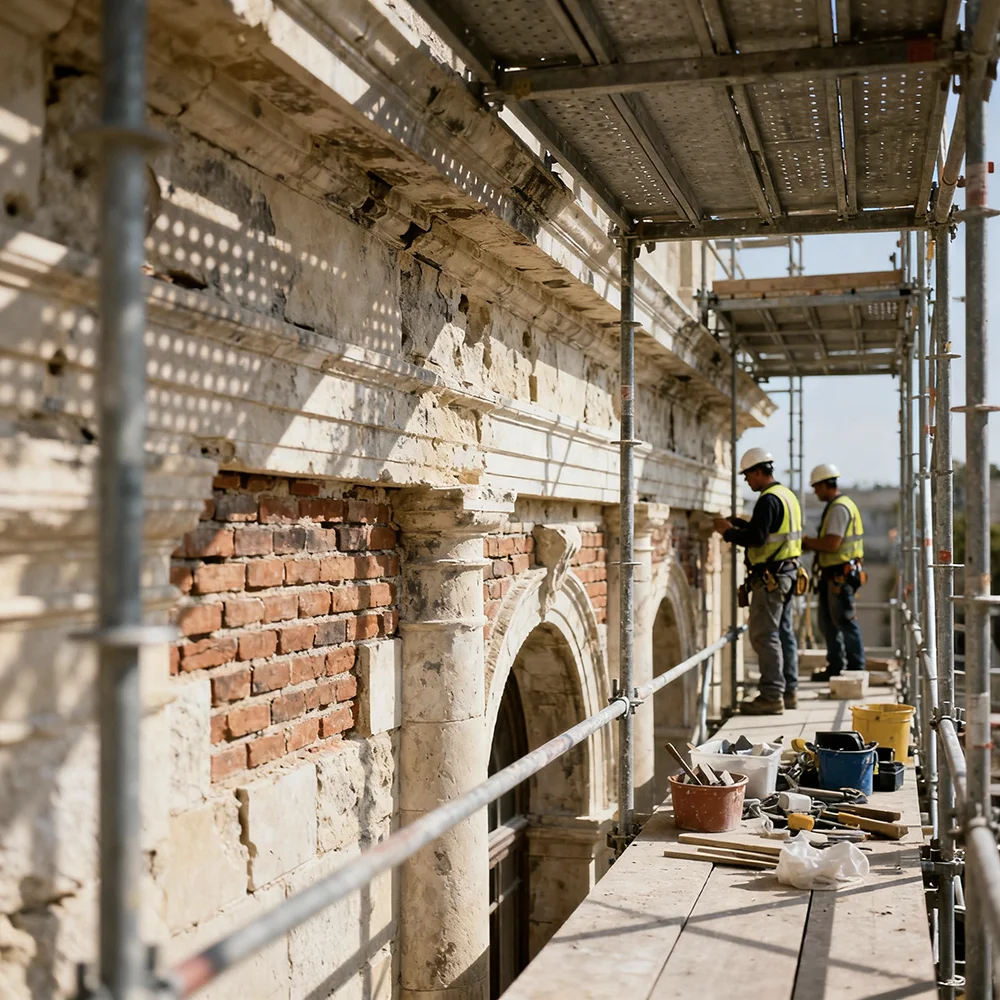 Historic building preservation and restoration work with conservation scaffolding