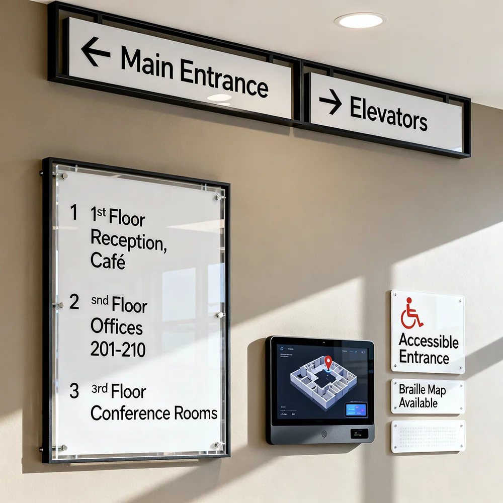 Modern wayfinding signage system with accessibility compliance in building interior