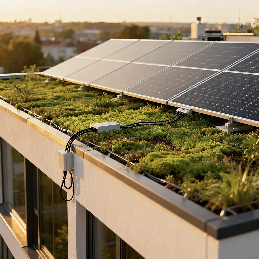 Solar panels and renewable energy systems on sustainable building roof