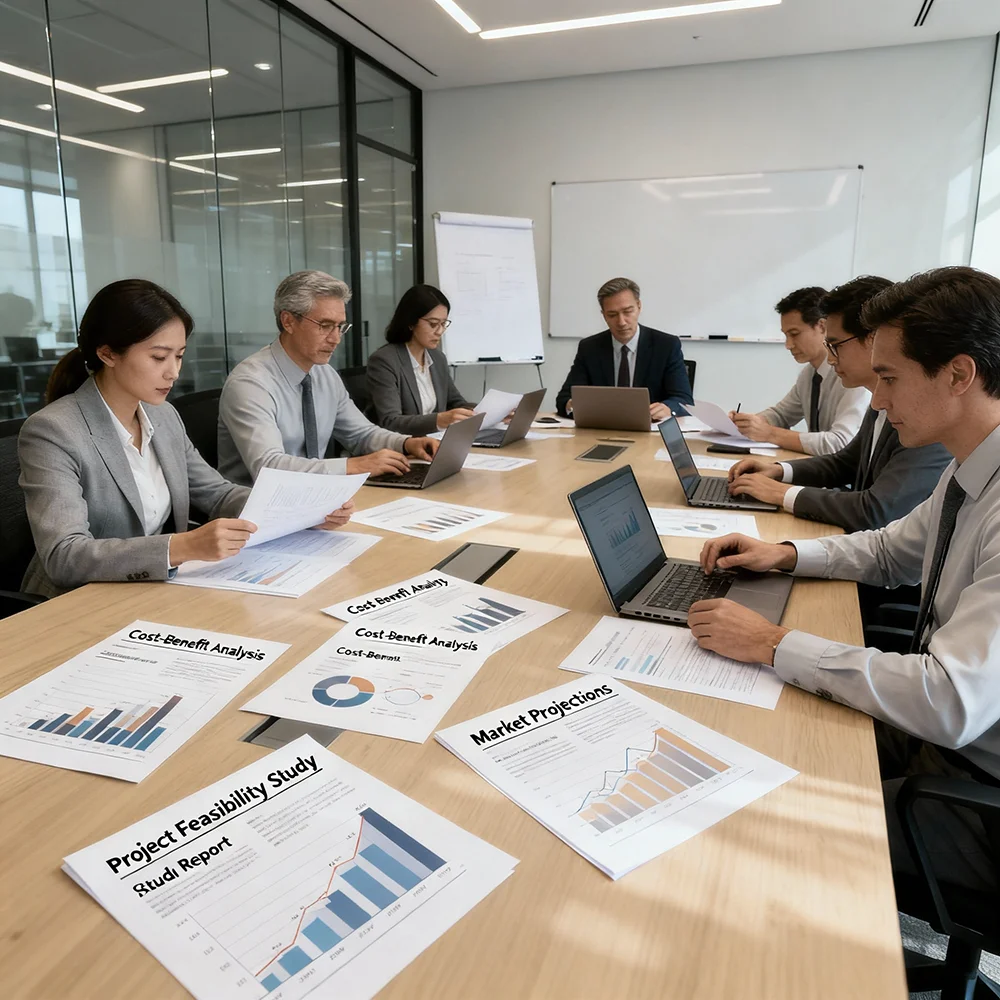 Strategic project advisory meeting with feasibility study documents and charts