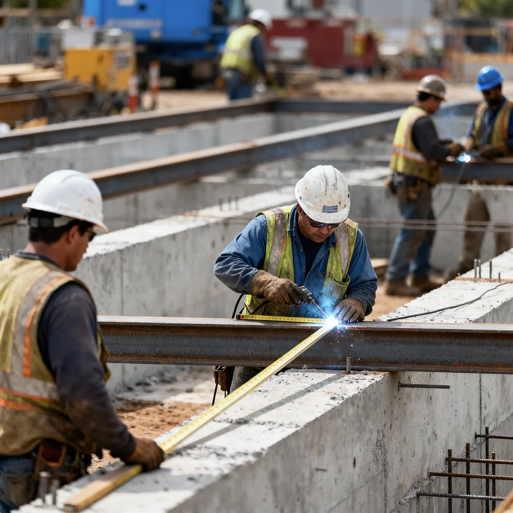 Structural engineering construction site with steel beams and concrete work